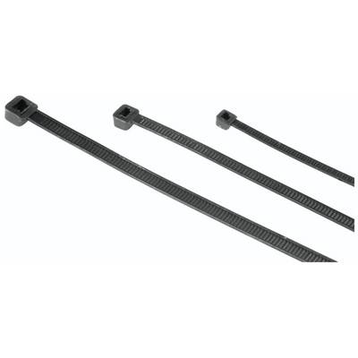 Three black cable ties in different lengths, from small to large, are laid side by side on a white surface.