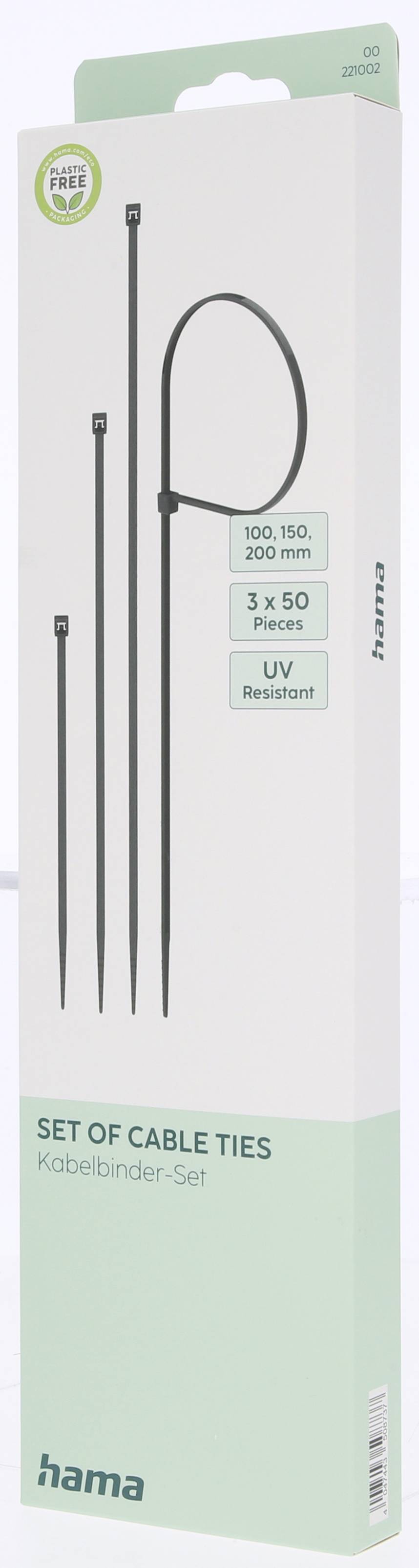 Cable tie packaging; contains sizes 100, 150 and 200 mm, 3 x 50 pieces, UV-resistant. Brand: Hama.