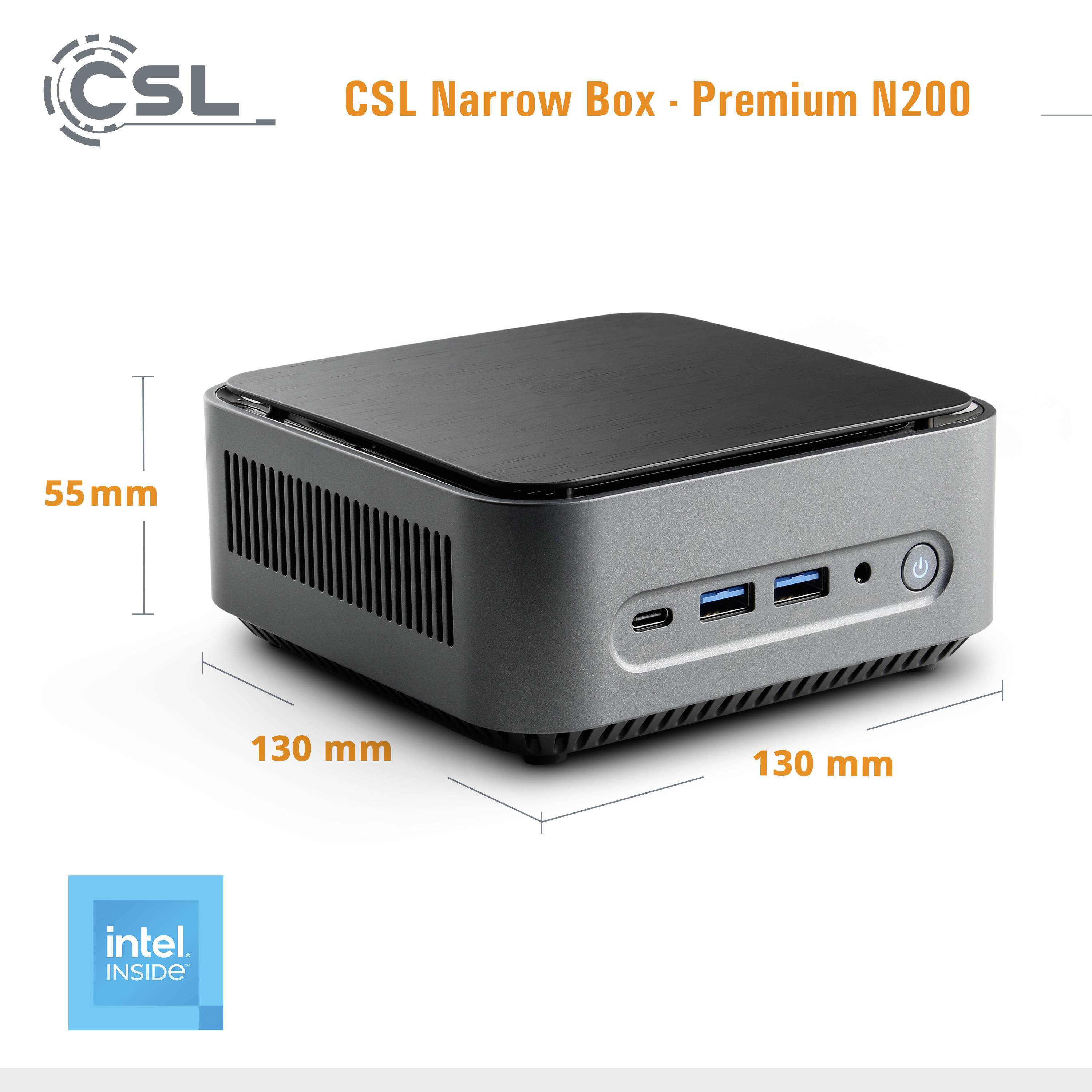 CSL Narrow Box - Premium N200: Compact grey mini PC with dimensions of 130mm x 130mm x 55mm. Front panel displays connections and power button.