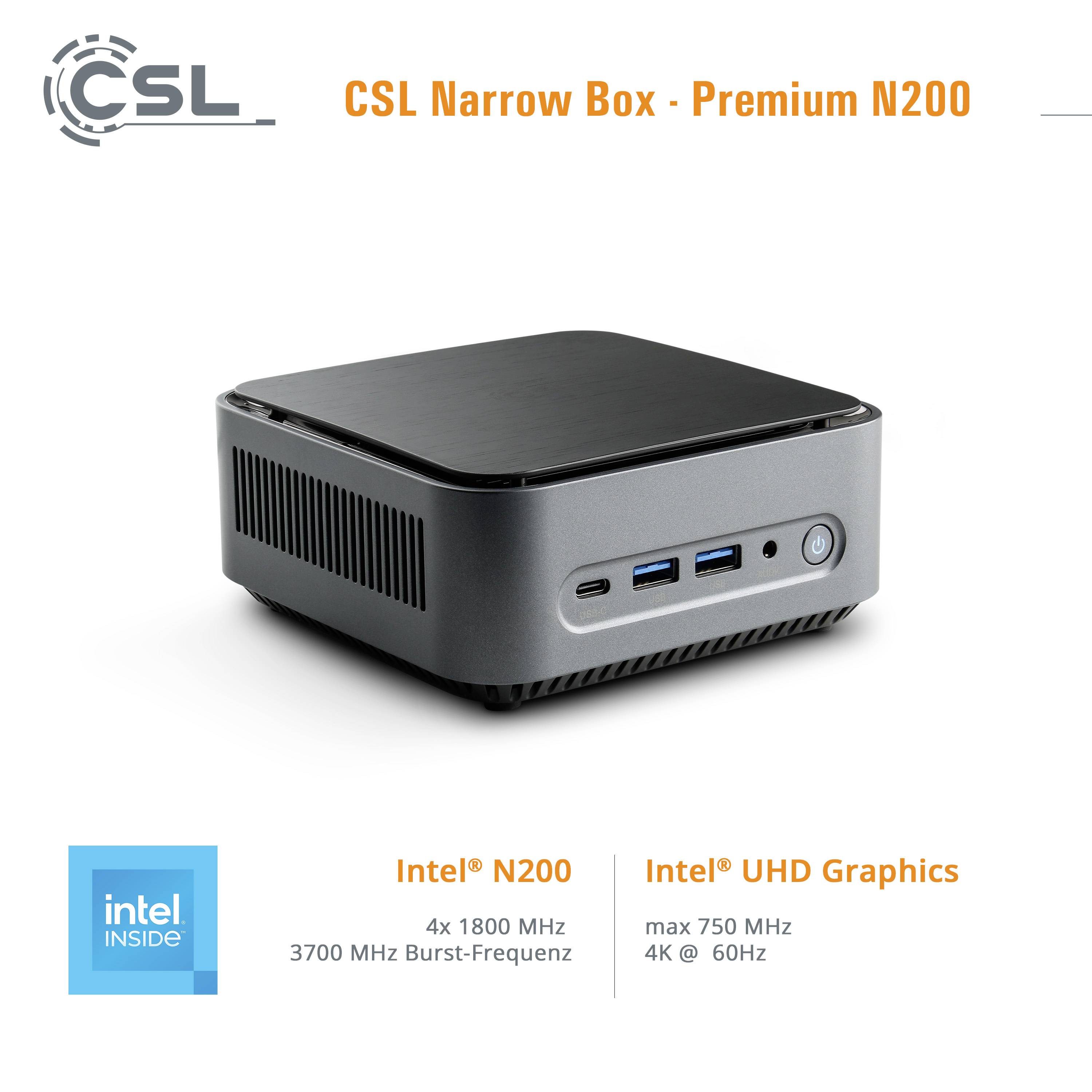 'CSL Narrow Box - Premium N200' Mini PC, Intel N200, 4x1800 MHz, Intel UHD Graphics, 750 MHz, compact and energy-efficient.
