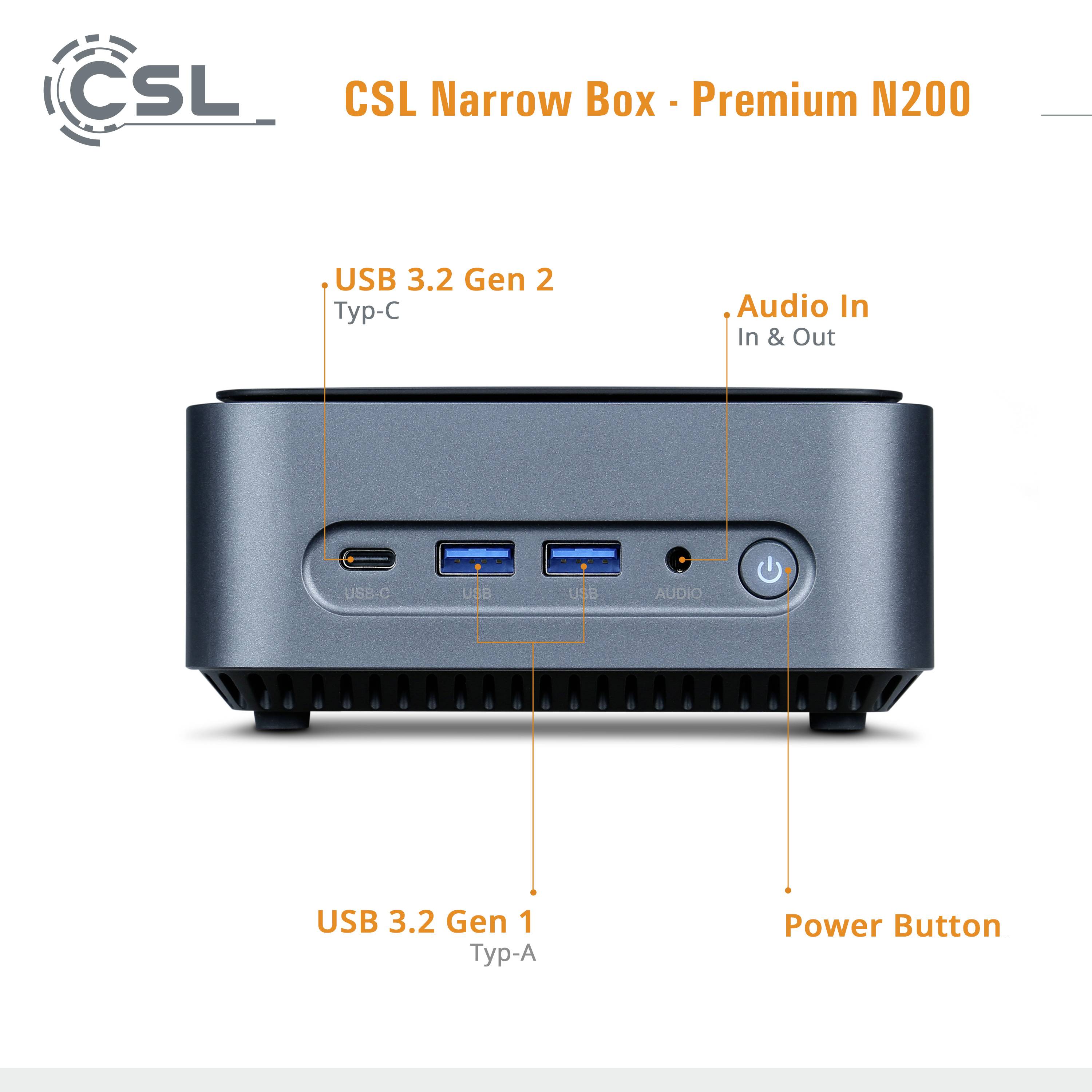 CSL Narrow Box - Premium N200, a compact mini PC with USB 3.2 ports, audio input & output, and a power button at the front.