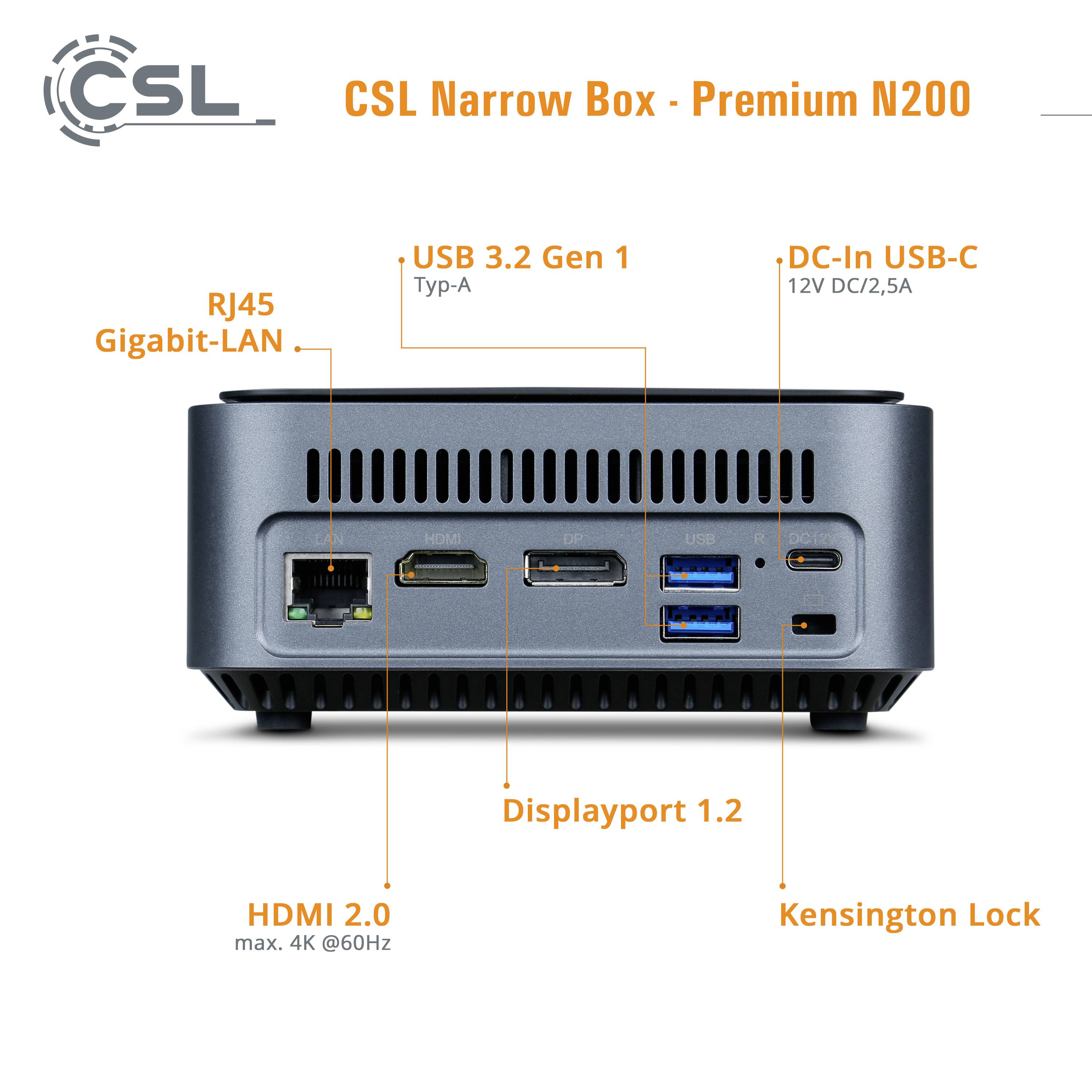 'CSL Narrow Box - Premium N200' Mini-PC with ports: HDMI 2.0, RJ45 Gigabit LAN, USB 3.2 Gen 1 Type-A, DisplayPort 1.2, DC-In USB-C.