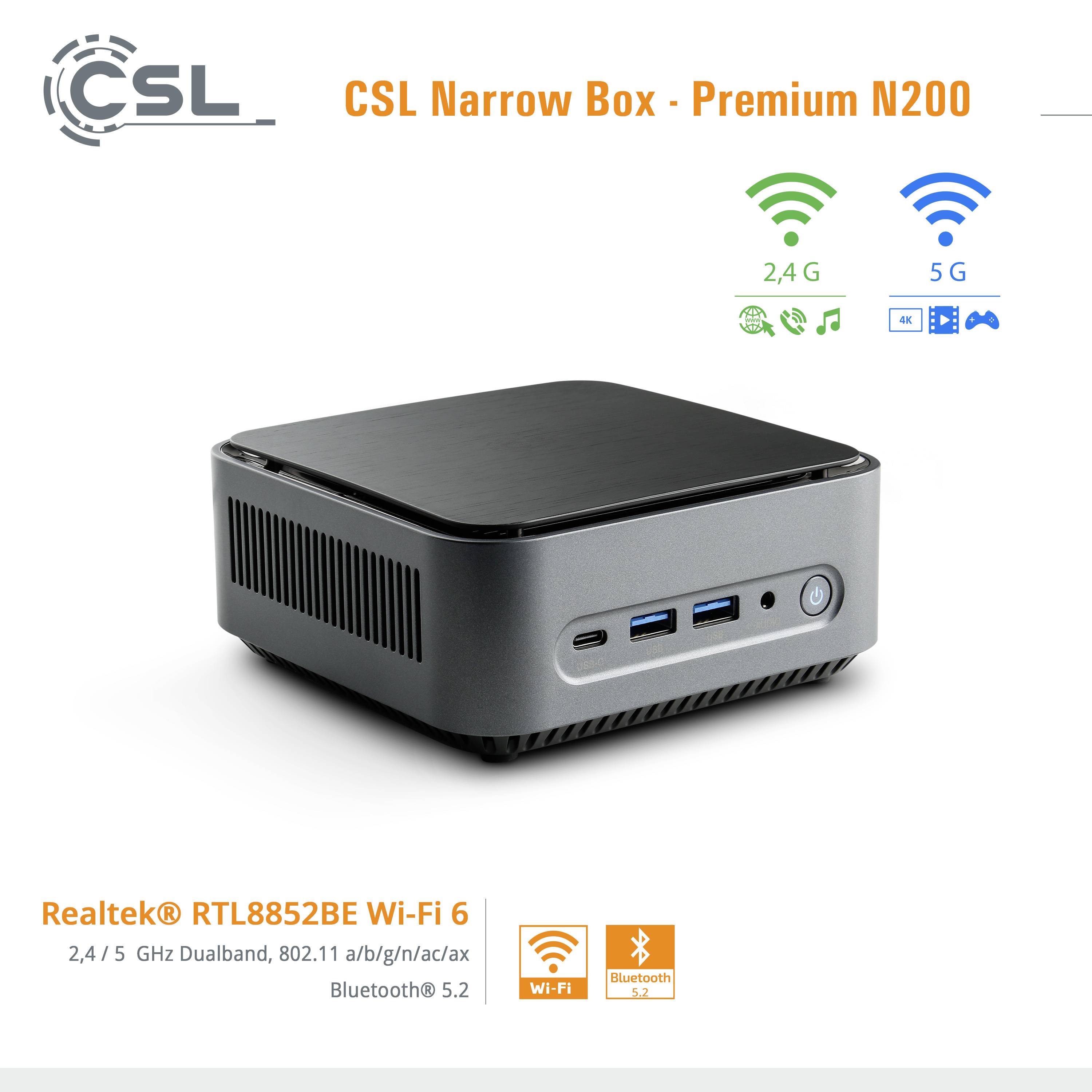 Compact, grey mini PC with USB ports, marketed as 'CSL Narrow Box - Premium N200'. Supports Wi-Fi, Bluetooth 5.2.