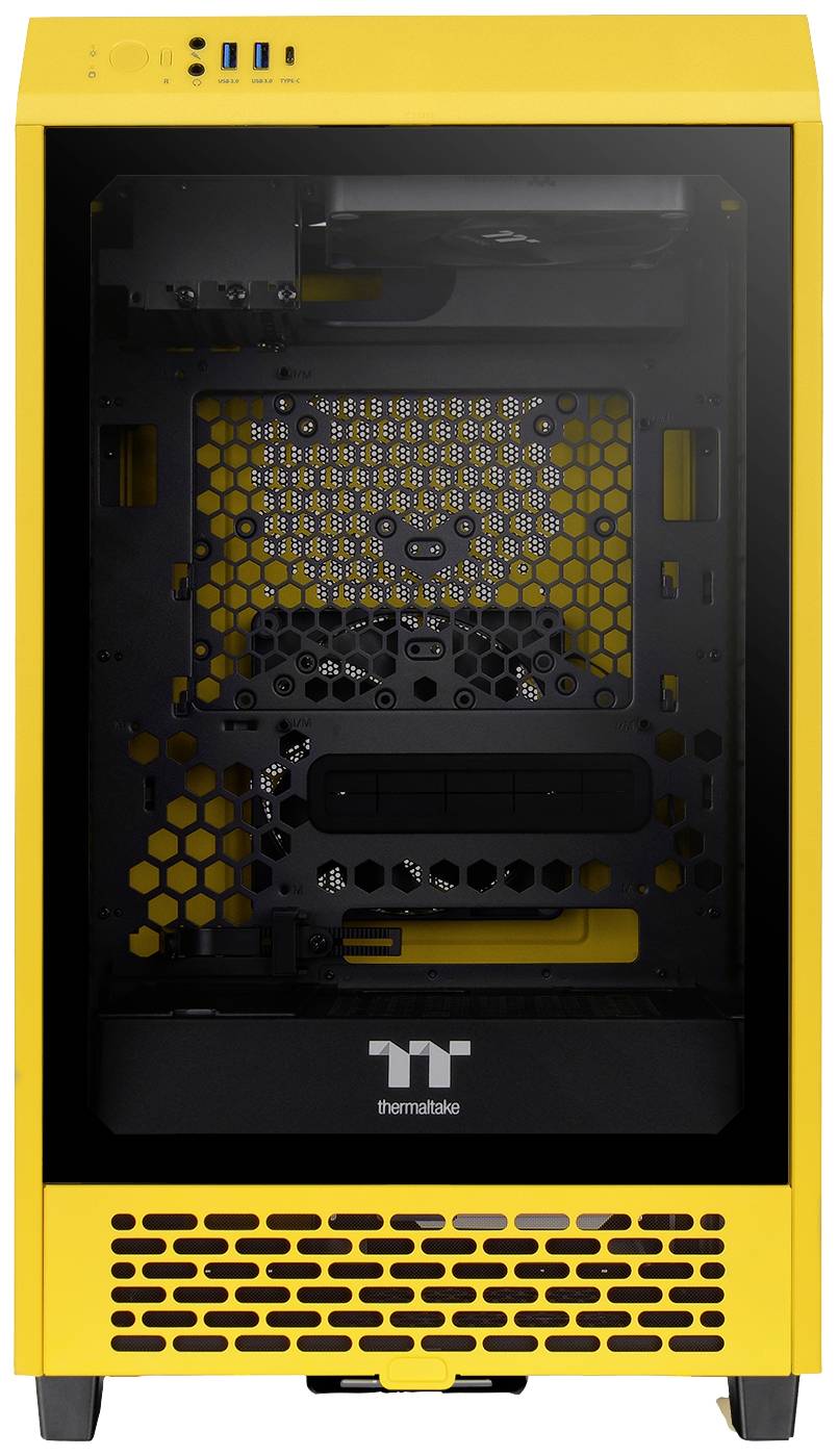 Yellow computer case with transparent front panel, revealing the interior and fan grilles. Minimalist design with brand logo at the bottom.