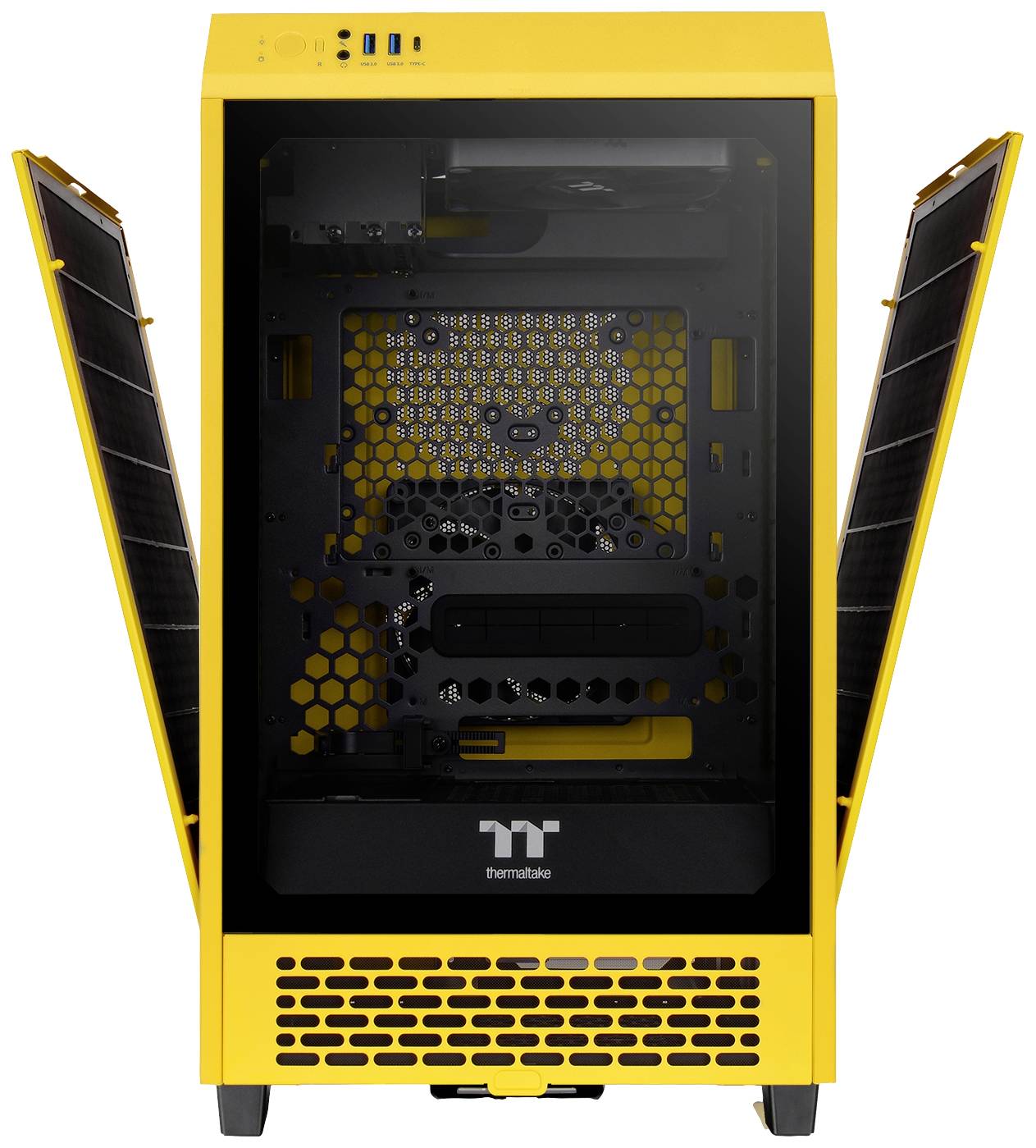 Yellow computer case with transparent front and side windows, revealing the internal layout and ventilation openings.