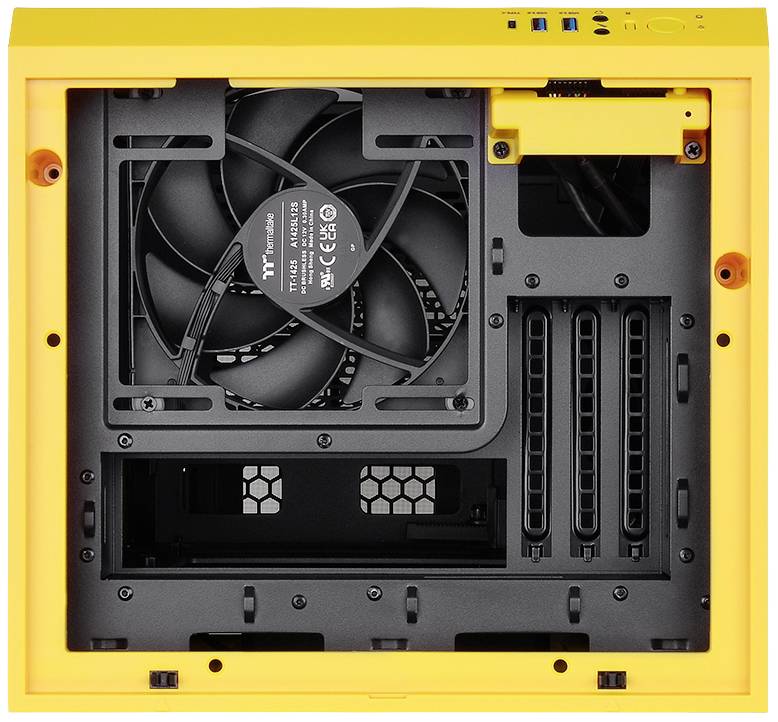 Yellow computer case with fan, black interior, ventilation slots, and multiple expansion slots for graphics cards and other components.