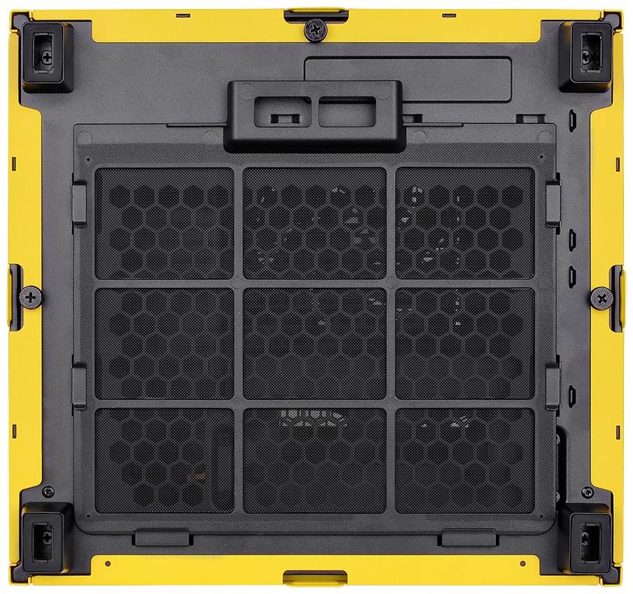 Underside of a computer with a yellow casing, ventilation grille in the centre, showing ventilation and maintenance access.