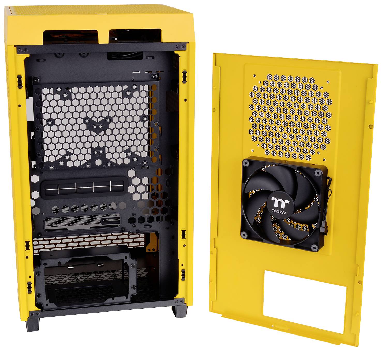 Computer case without components, with open yellow front cover. Fans and mesh structure are visible inside.
