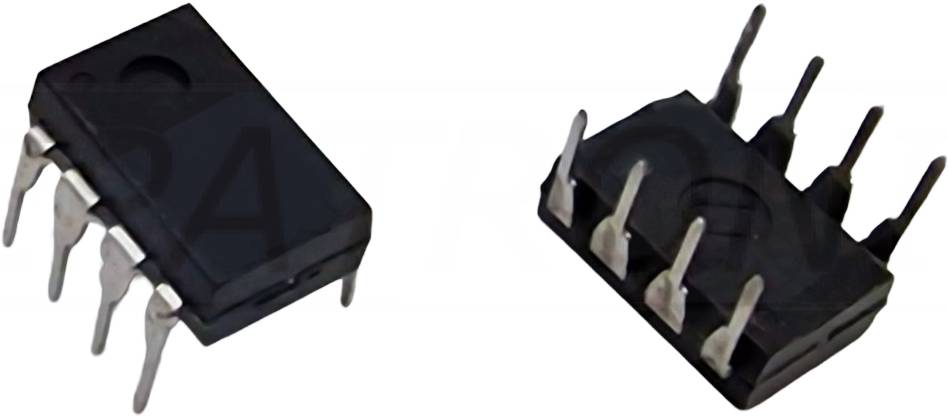 Two black integrated circuit chips with metal pins, shown at different angles on a white background.