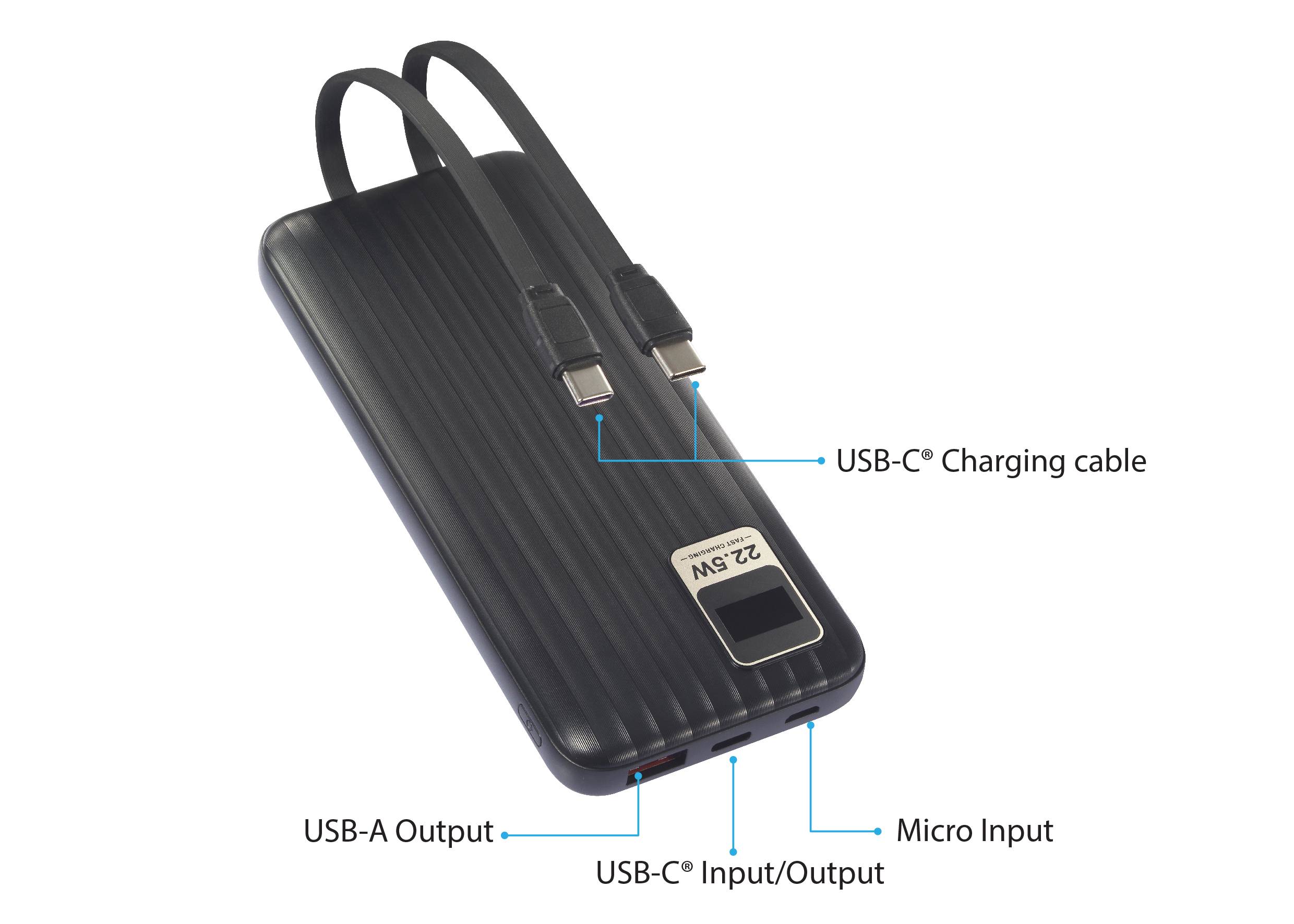 A black power bank with two USB-C cables on top. Labels show micro input, USB-A output, USB-C input/output, and USB-C charging cable.
