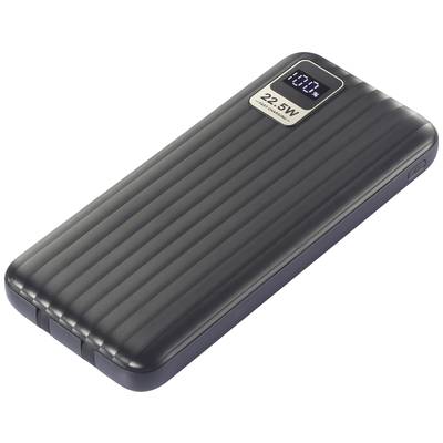 Black power bank with a ribbed surface and digital display showing '100%'. Capacity specification: '22.5W'.