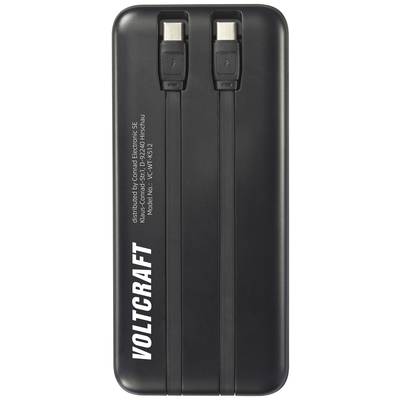Black 'Voltcraft' power bank with two integrated USB-C cables on top, suitable for charging electronic devices on the go.
