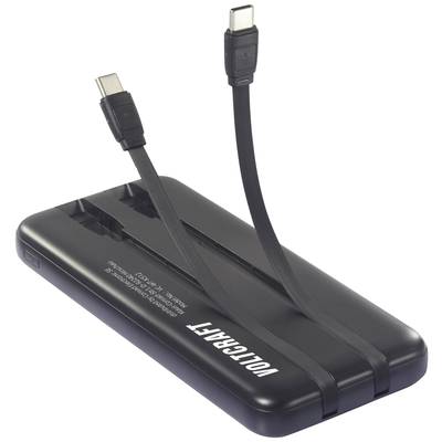 Black Voltcraft power bank charger with two connected USB-C cables, for mobile device charging.