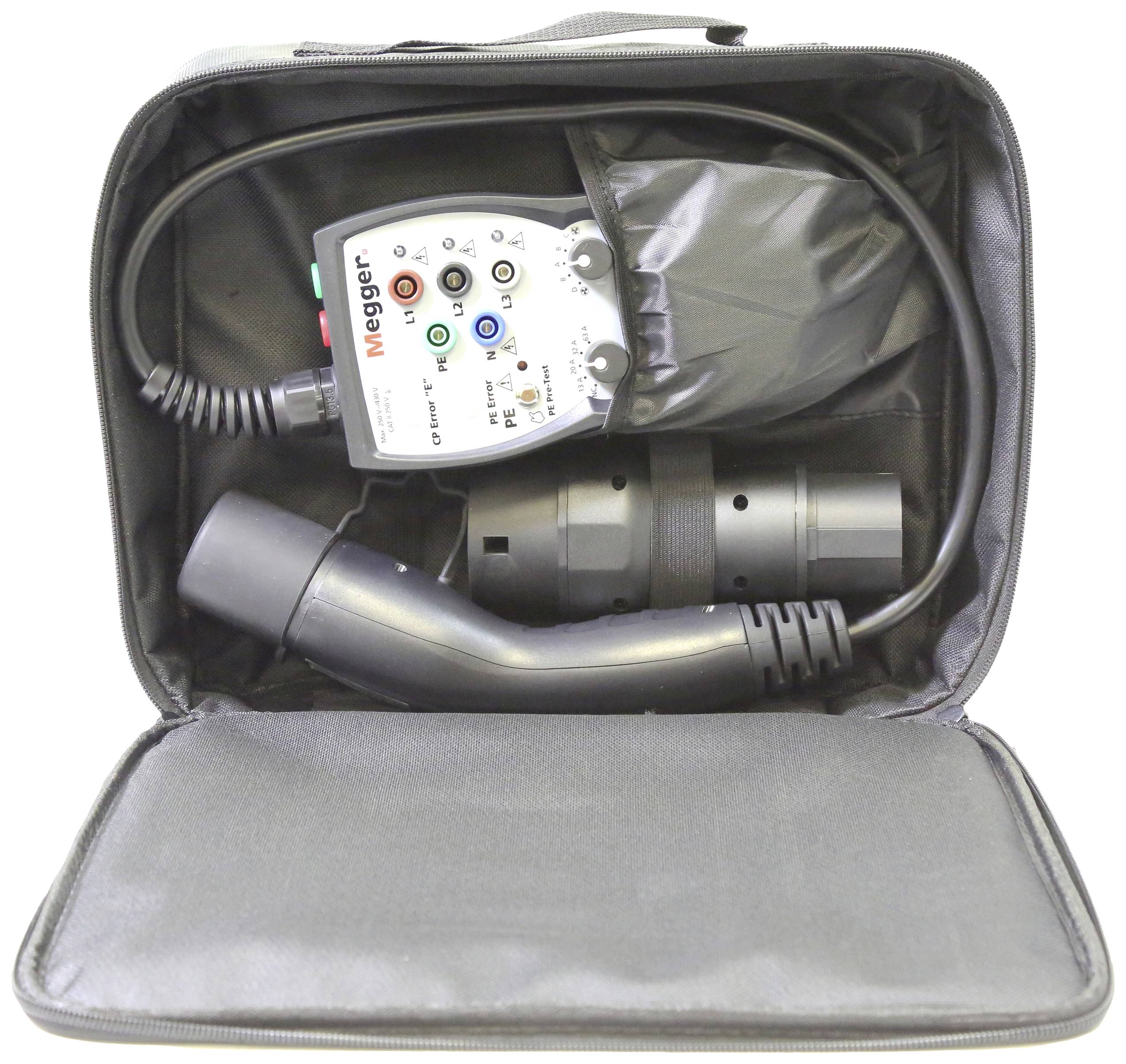 A black case contains a measuring device with multiple buttons and cable connections, along with a black cable for electrical testing.