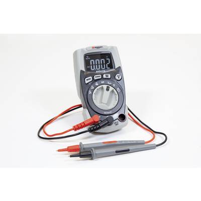 A digital multimeter displays an AC value of 0.002 on the display. It has black and red test leads connected.