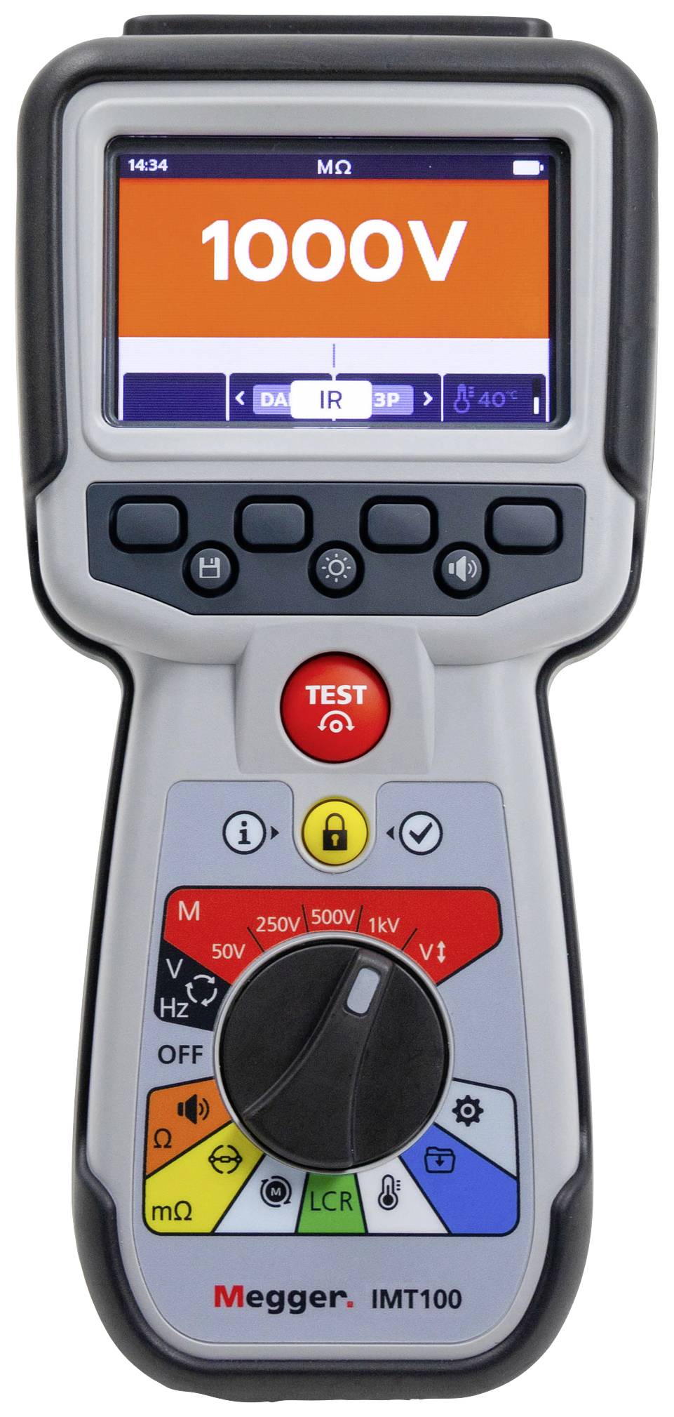 Digital insulation measurement device with colour display, showing '1000V'. Controls and symbols present for various measurement modes.