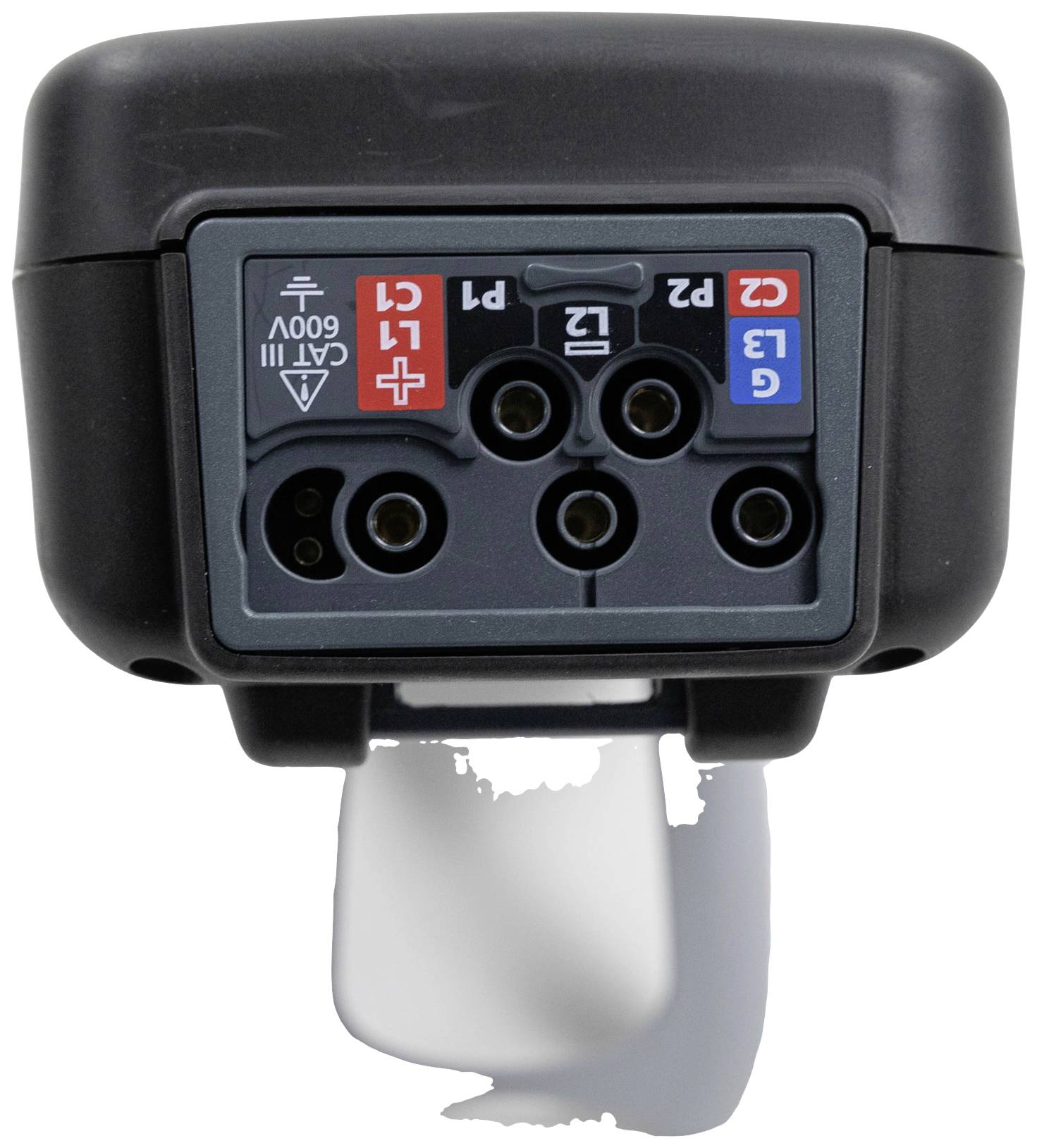 A black multi-purpose test device with five colour-coded terminals for electrical testing, suitable for 600V CAT III.