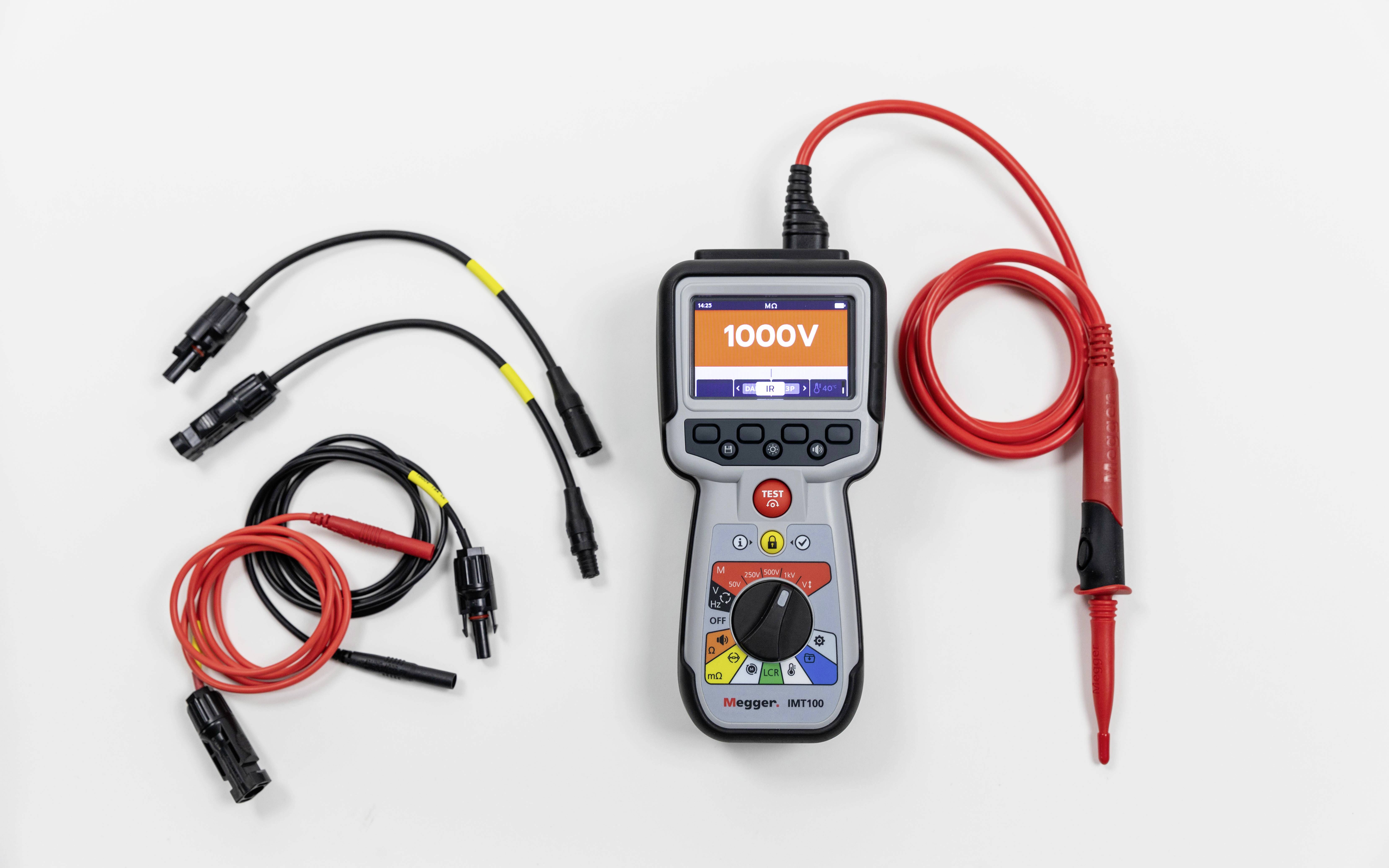 A digital insulation testing device with detachable cables displays '1000V' on the screen. Cables are positioned to the left of the device.
