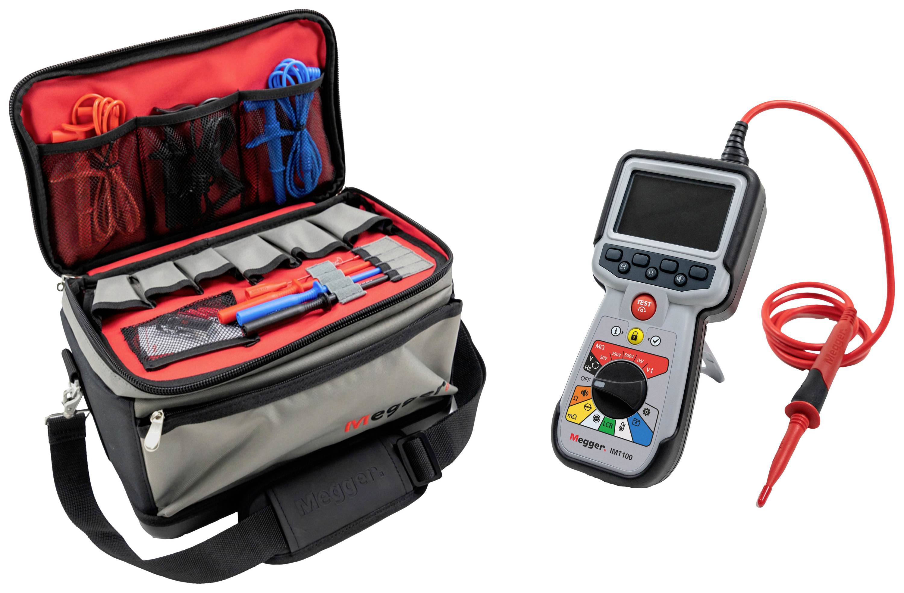 Portable bag with cables and accessories next to a digital multimeter with a screen and various measurement functions.