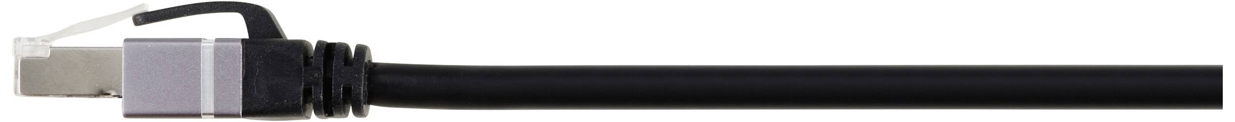 A black Ethernet cable with a silver plug, pointing towards the left.