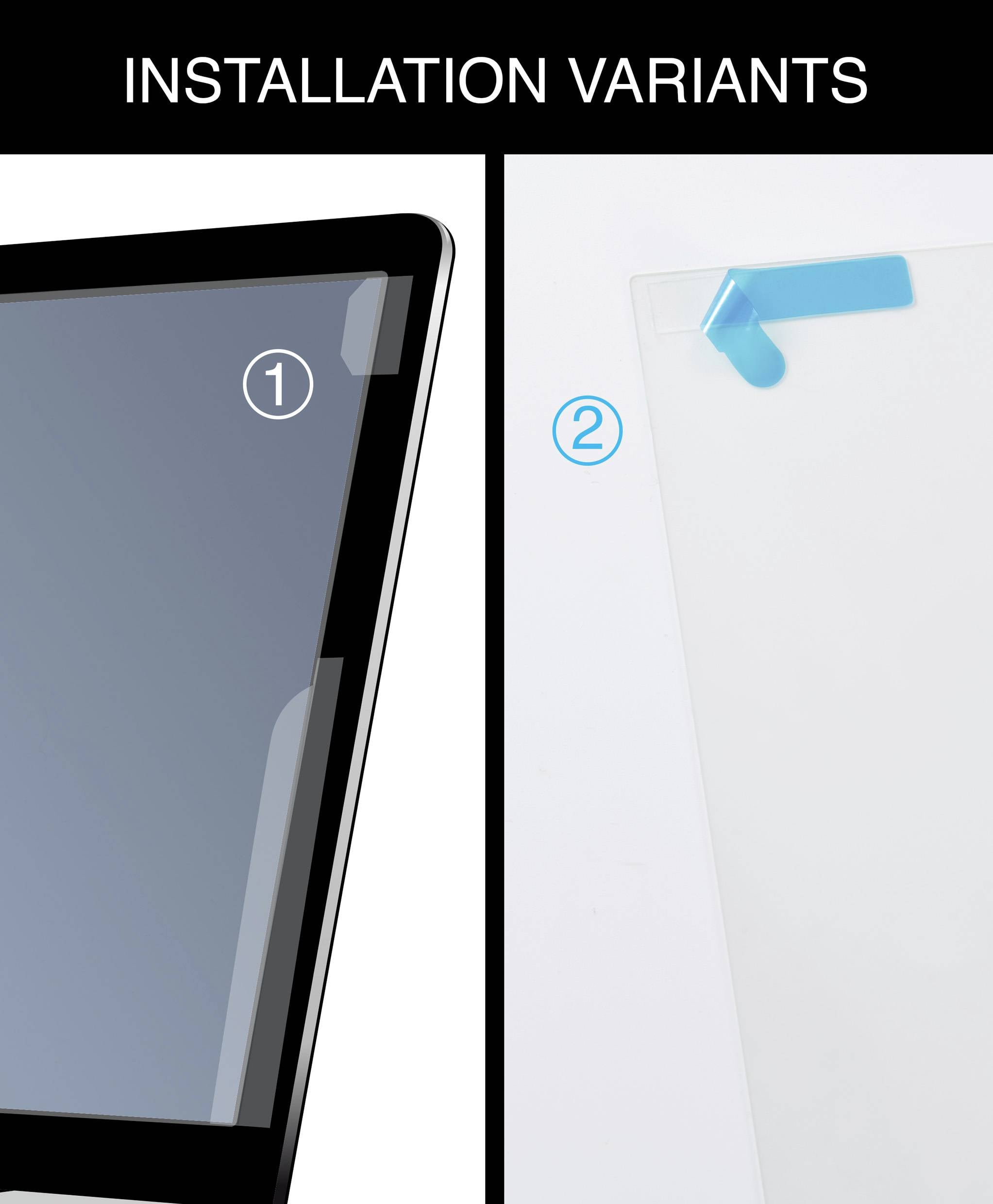 The illustration shows two installation options for a display protector. Left: Display protector mounted on monitor. Right: Display protector with blue tab.