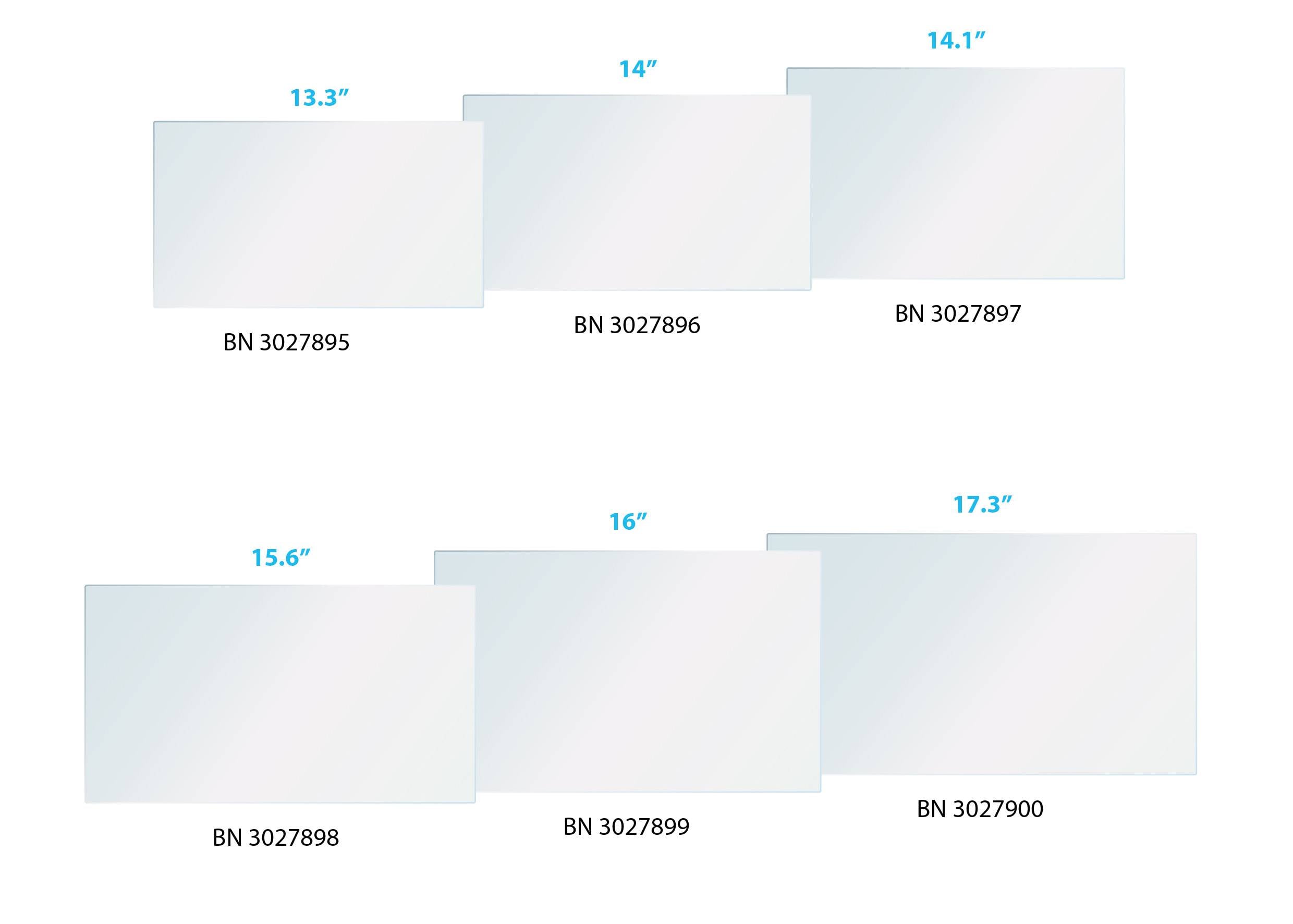 'Six laptops with various screen sizes: 13.3", 14", 14.1", 15.6", 16", 17.3". Model numbers are specified for each.'