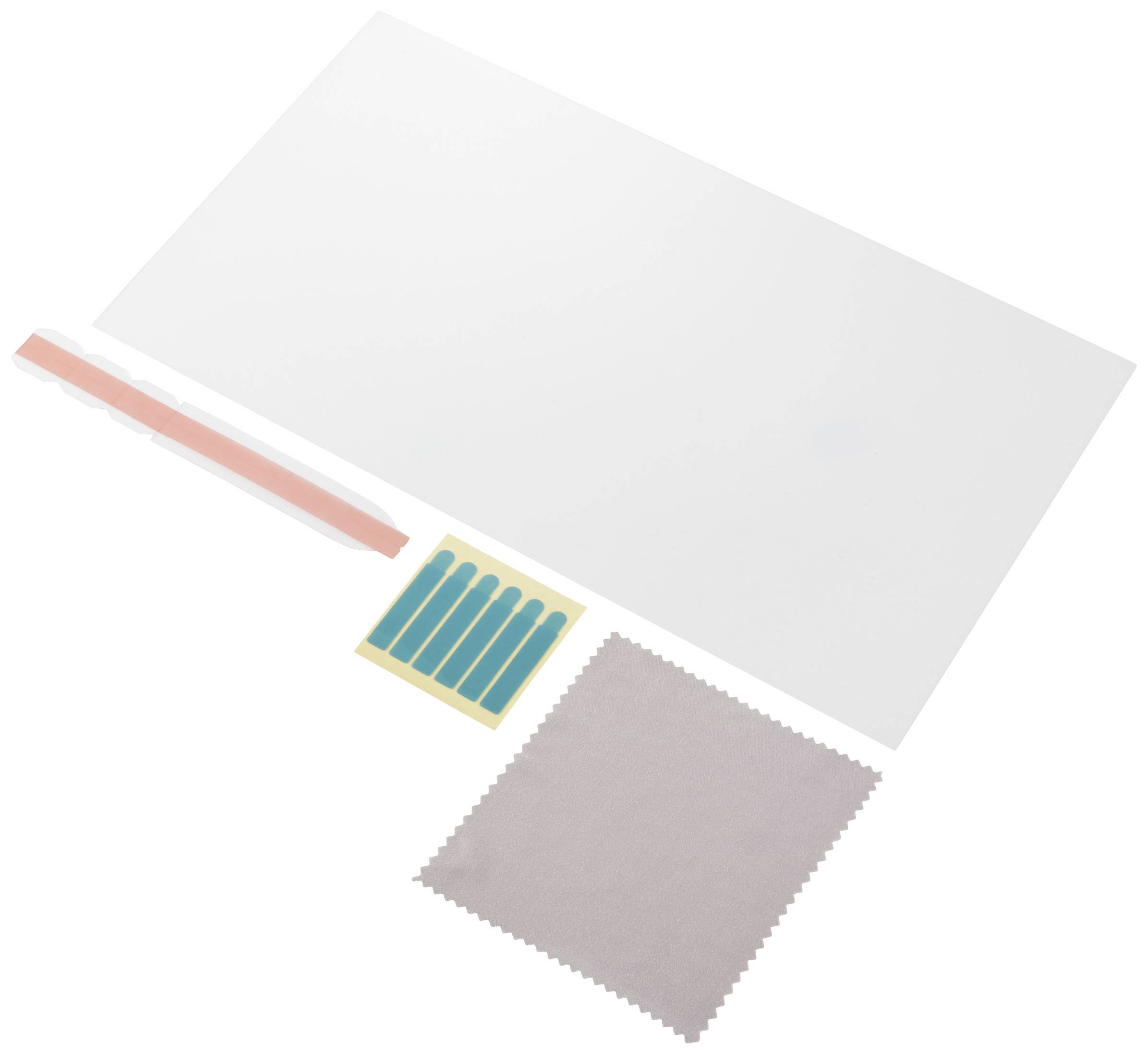 Screen protector kit with squeegee, cleaning cloth, and adhesive strips, for use in screen installation.