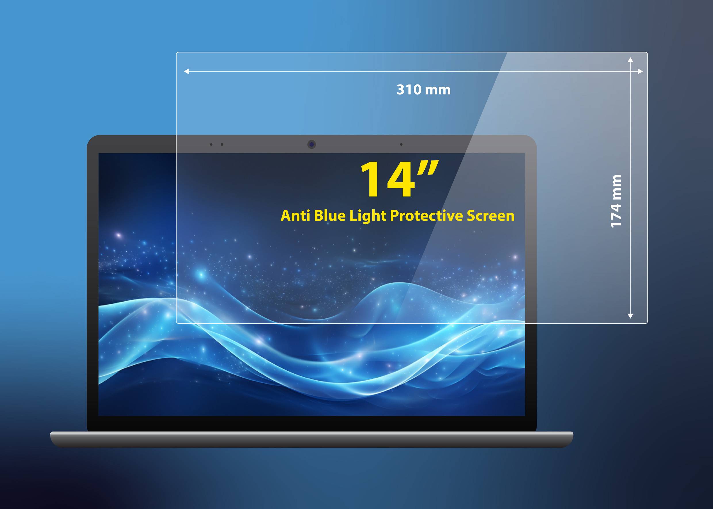 Laptop with 14-inch screen, blue light filter shown. Dimensions: 310 mm x 174 mm. Background displays blue waves.