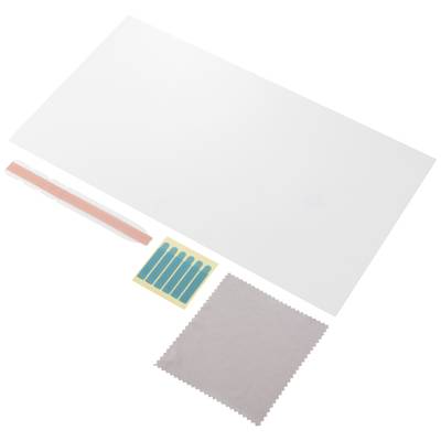 A display protection set consisting of a transparent film, a cleaning cloth, blue stickers, and a light red tool.