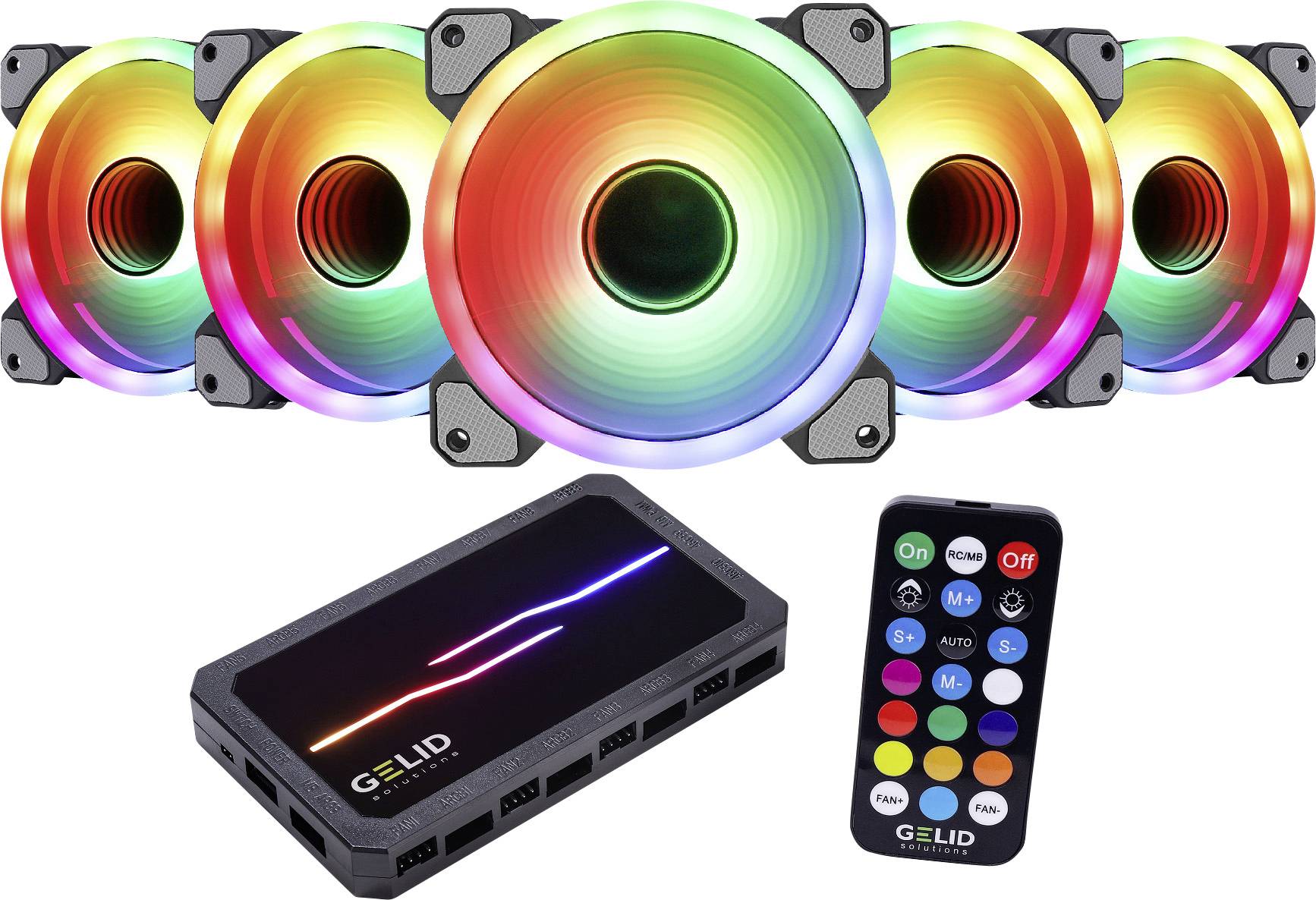 Gelid Amber 8 PRO Bundle (5 x Stella Infinity ARGB Fan 120 mm) PC fan controller (W x H x D) 130 x 17 x 76 mm incl. RGB lighting control, incl. remote control