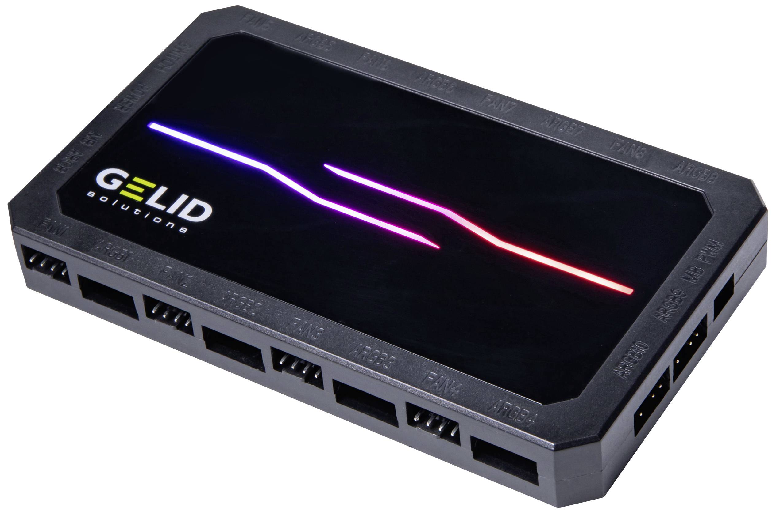 A rectangular technical device with the 'Gelid Solutions' logo on the top surface, surrounded by several connection sockets on the sides.