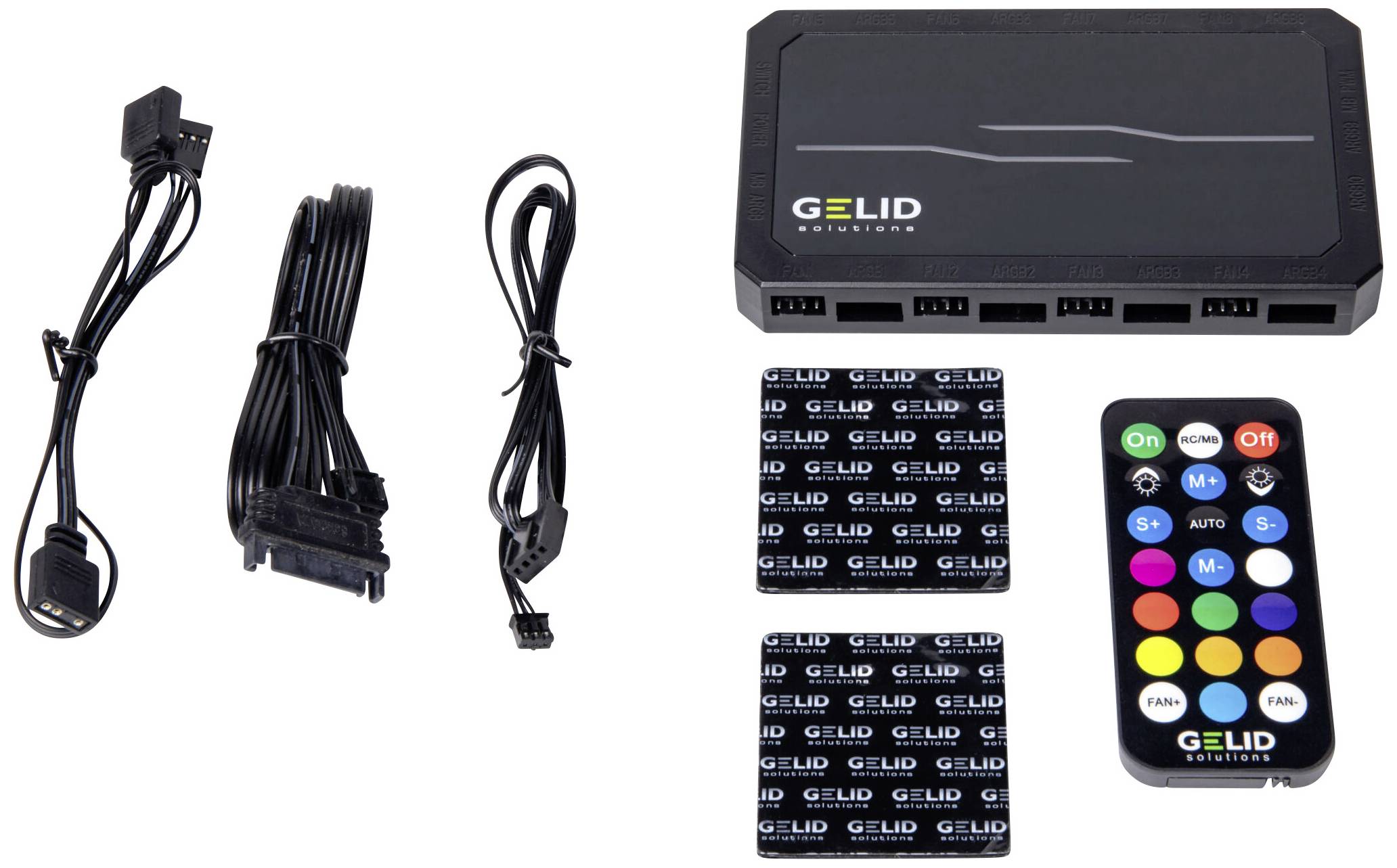 A fan control kit with control unit, cables, remote control, and two Gelid brand stickers.