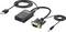USB-to-HDMI adapter converts signal for monitors; includes VGA port and audio cable; black, with two cable ends with plugs.