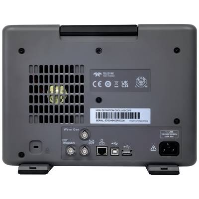 The back panel of an oscilloscope with multiple ports and ventilation grilles. Visible connections: USB, LAN, trigger, power socket.