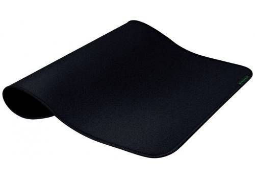 Black, rectangular mouse mat with a slightly curved edge on a white background. Minimalist design, non-slip underside.
