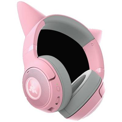 Rosa cat ear headphones with grey cushions, an extended microphone, and illuminated logo, perfect for gaming.