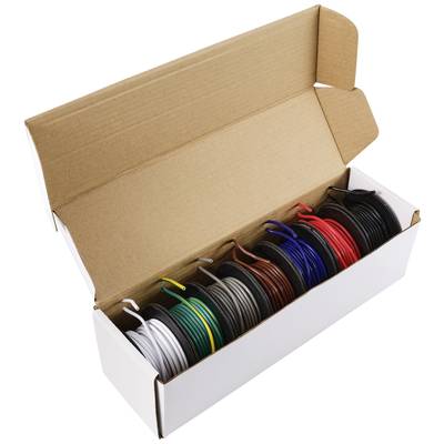 An open white box containing various reels of colourful cables in red, blue, yellow, green, black and white.
