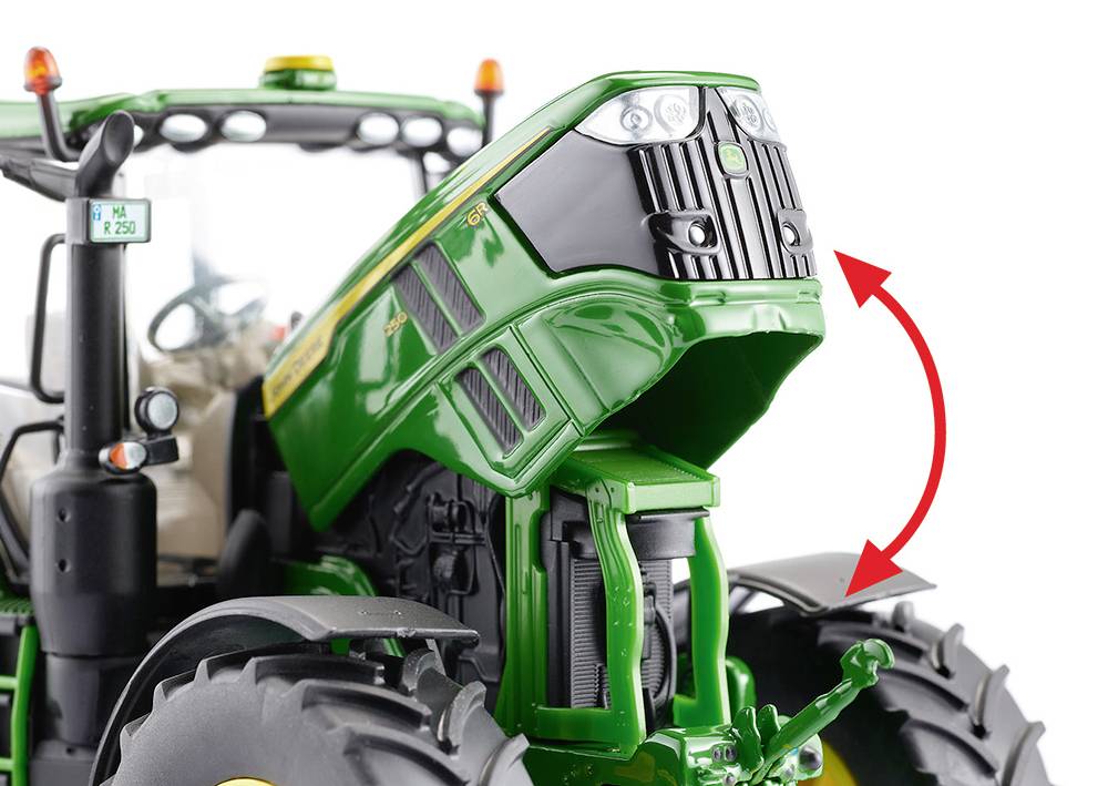 A green tractor with an open front housing shows the bonnet in an elevated position, revealing the engine compartment.