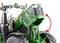 A green tractor with an open front housing shows the bonnet in an elevated position, revealing the engine compartment.