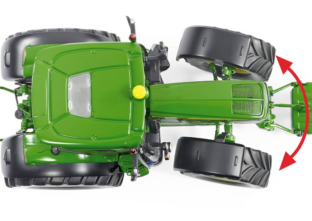 Green tractor from above, the front wheels turning in the direction of the arrow.