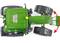 Green tractor from above, the front wheels turning in the direction of the arrow.
