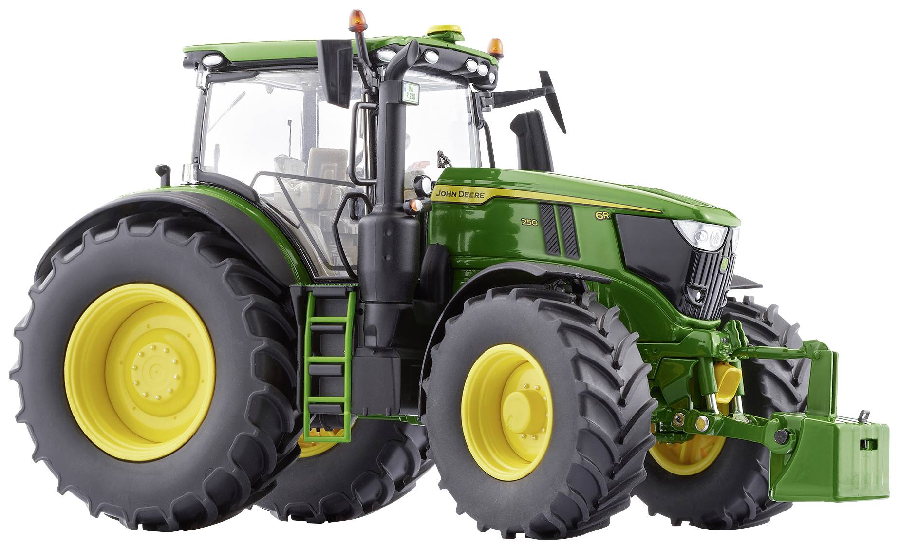 Green tractor with yellow wheels on a white background, suitable for agricultural work.