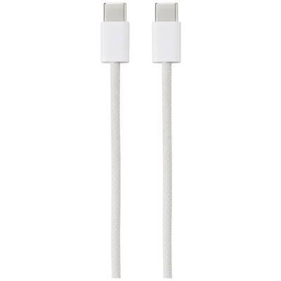 A white USB-C to USB-C cable with a braided jacket is shown from top to bottom.