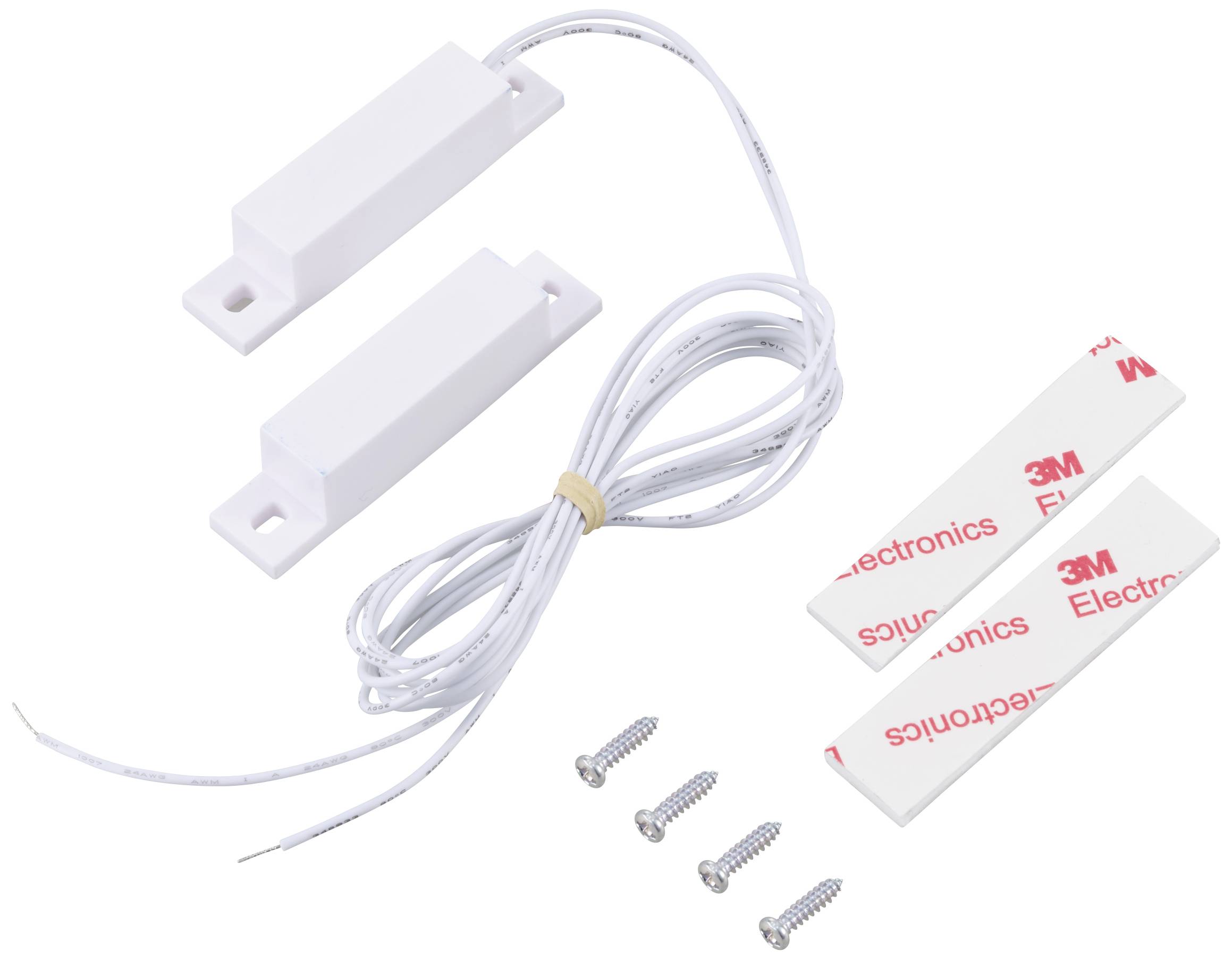 Magnetic door contact sensor kit with two white sensors, a cable, four screws, and two adhesive strips for mounting applications.