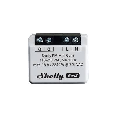 A Shelly PM Mini Gen3 device with terminals for wired connections. Label shows voltage and current rating: '110-240 VAC, 50/60 Hz, max. 16 A / 3840 W @ 240 VAC'.