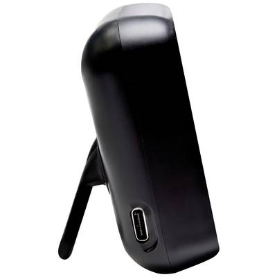Black electronic device in side view with USB-C port and foldable stand.