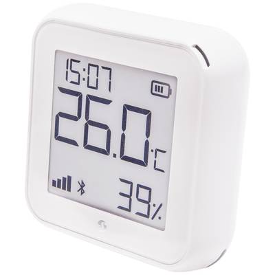 Digital Thermometer-Hygrometer with Display: Showing 26.0°C and 39% humidity. Battery level and Bluetooth symbol visible.