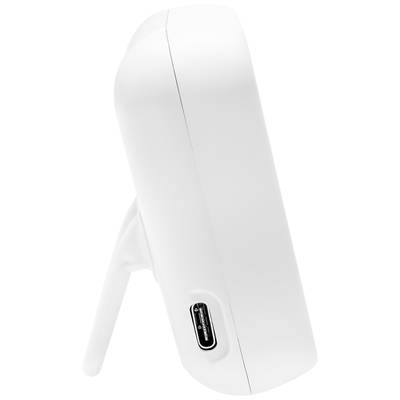 Side view of a white electronic device with a USB port and a foldable stand.