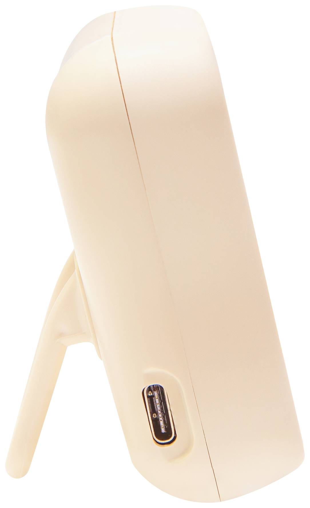 A white electronic device in side view with a protruding stand and a connection port on the underside.