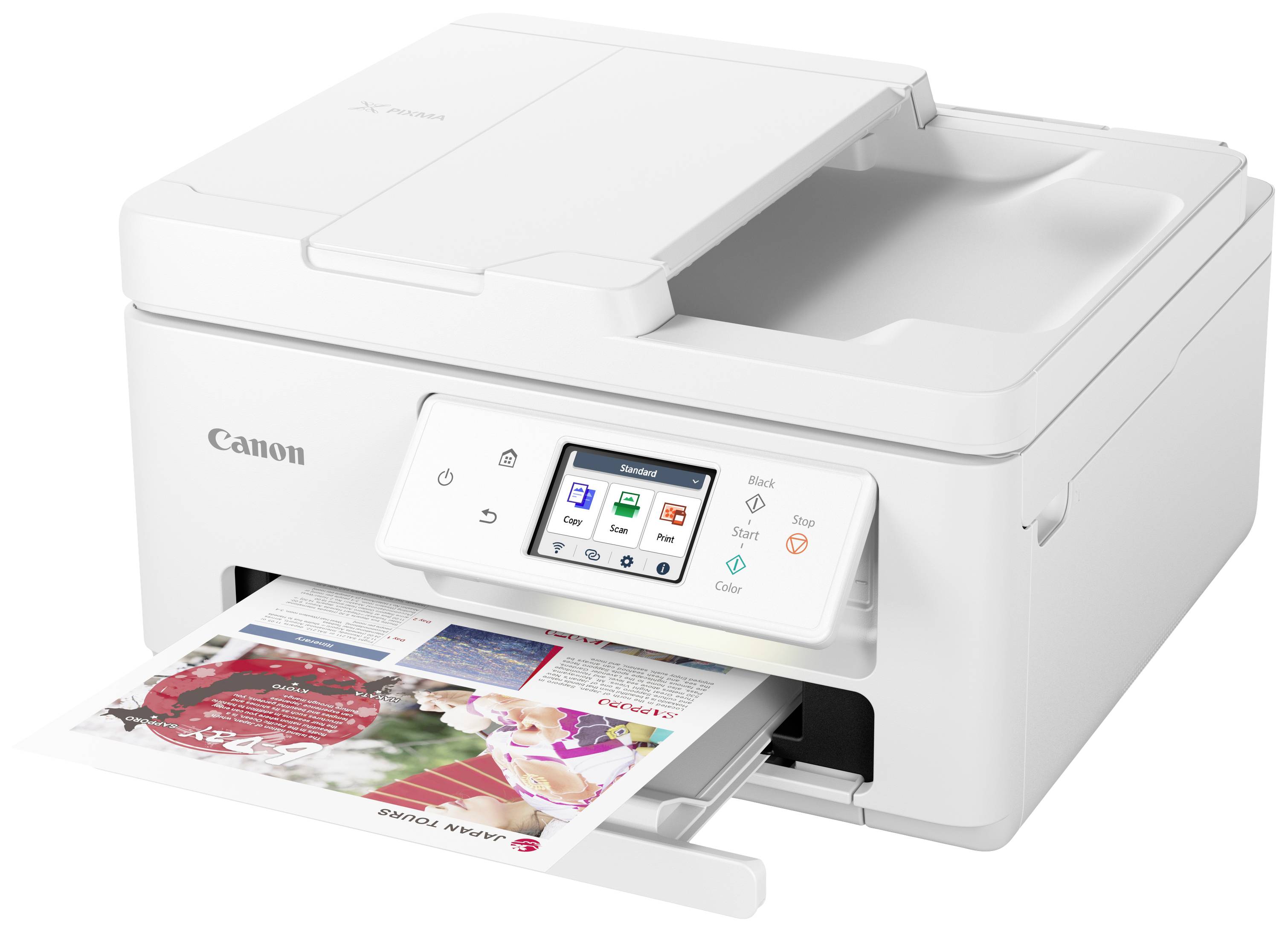 A white multifunction printer is printing a colour document. Symbols and a small display are visible on the control panel.